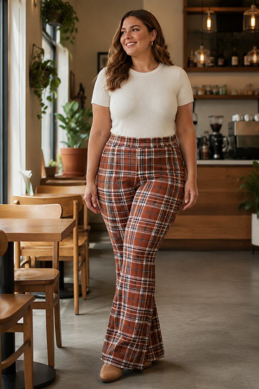 Fashion Nova Rust Plaid High Rise Flare Leggings 1X